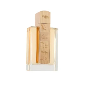 Luxe transparante parfumflacon van Angham Lattafa met verticale roségouden plaat en Arabisch reliëf.
