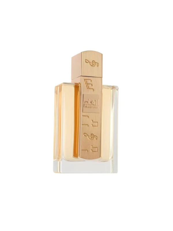 Luxe transparante parfumflacon van Angham Lattafa met verticale roségouden plaat en Arabisch reliëf.