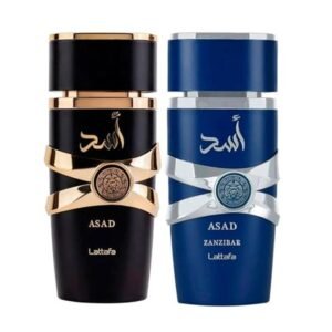 Duo van parfumflacons Asad en Asad Zanzibar van Lattafa in zwart-goud en blauw-zilver design.