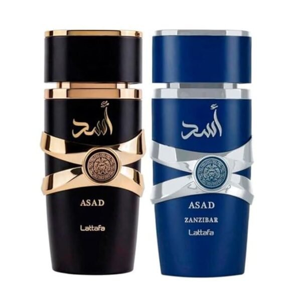 Duo van parfumflacons Asad en Asad Zanzibar van Lattafa in zwart-goud en blauw-zilver design.