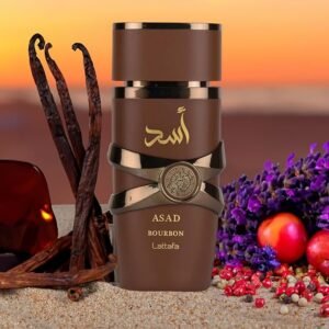 Bruine flacon van Asad Bourbon Lattafa met gouden accenten, omringd door vanille, amber, kruiden en lavendel.
