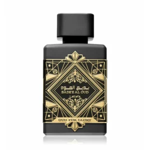 Zwarte flacon met gouden oosterse details van het parfum Badee Al Oud Oud for Glory van Lattafa.