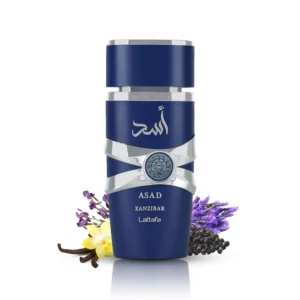 Flacon van Asad Zanzibar Eau de Parfum in donker design met zilveren accenten.