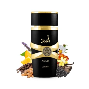 Luxe parfumflacon van Asad Lattafa met zwarte en gouden accenten en Arabisch opschrift.