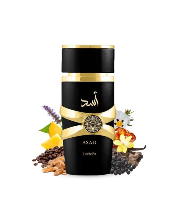 Luxe parfumflacon van Asad Lattafa met zwarte en gouden accenten en Arabisch opschrift.