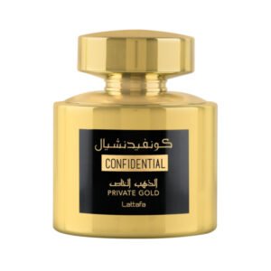 Goudkleurige parfumflacon van Lattafa Confidential Private Gold met zwart label