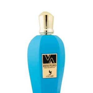 Hemelsblauwe parfumflacon van Esta Puro VOLARÉ met gouden dop en label.