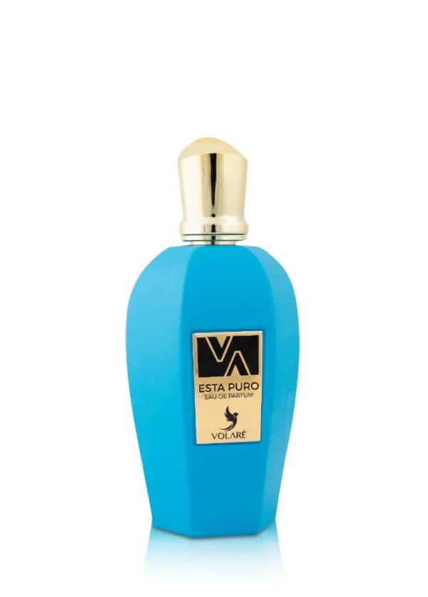 Hemelsblauwe parfumflacon van Esta Puro VOLARÉ met gouden dop en label.