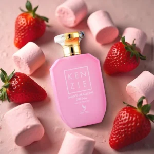 Roze parfumflacon van Kenzie Marshmallow Dream VOLARÉ omringd door aardbeien en marshmallows.
