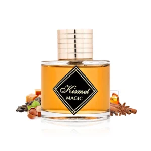 Ronde parfumflacon van Kismet Magic met goudkleurige dop en zwart label in diamantvorm.