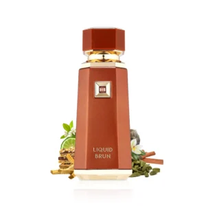 Parfumfles Liquid Brun met warme kruidige ingrediënten op de achtergrond