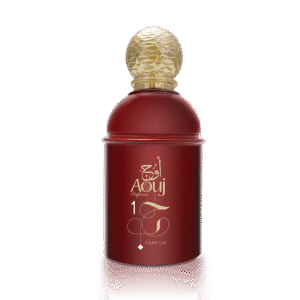 Luxe bordeauxrode flacon van Aouj Love 1 parfum met gouden dop en kalligrafisch logo.