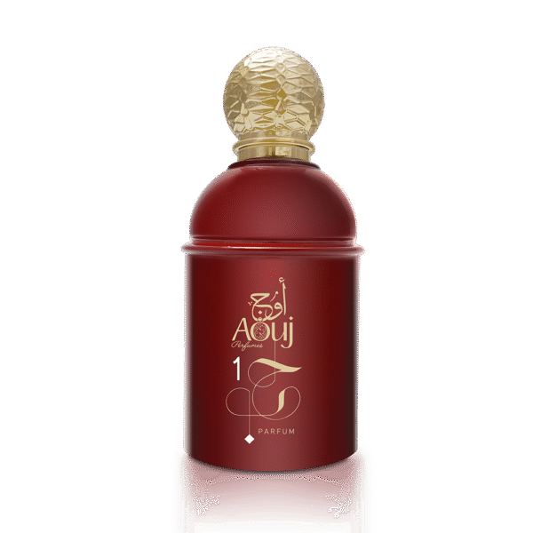 Luxe bordeauxrode flacon van Aouj Love 1 parfum met gouden dop en kalligrafisch logo.