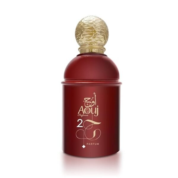 Bordeauxrode flacon van Aouj Love 2 parfum met gouden bolvormige dop en kalligrafisch label.