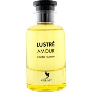Transparante flacon van Lustré Amour VOLARÉ met goudgele inhoud en zwarte dop.