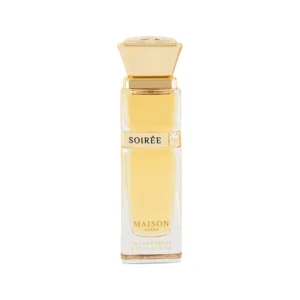 Slanke glazen parfumfles Maison Asrar Soirée met gouden accenten en lichte inhoud