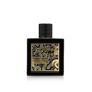 Qaed Al Fursan parfumfles in zwart met gouden details en een sierlijk paardenlogo op het label.
