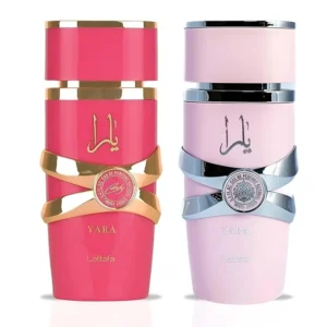 Twee flacons Lattafa Yara Eau de Parfum in roze en lichtroze design met gouden en zilveren accenten.