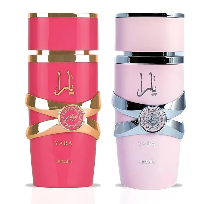 Twee flacons Lattafa Yara Eau de Parfum in roze en lichtroze design met gouden en zilveren accenten.