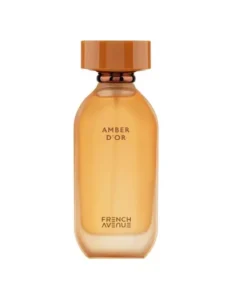 Amberkleurige parfumfles van French Avenue met de naam Amber D’Or, minimalistisch en strak design.