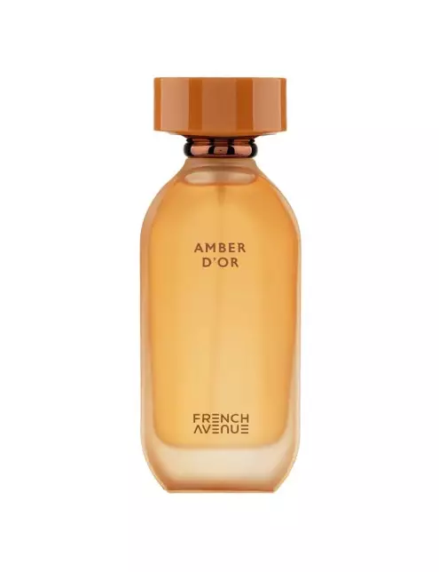 Amberkleurige parfumfles van French Avenue met de naam Amber D’Or, minimalistisch en strak design.