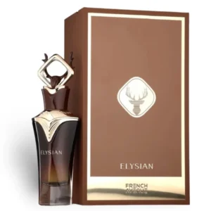 Luxe parfumfles Elysian naast een elegante bruine doos van French Avenue.