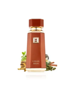 Luxe parfumfles Liquid Brun in bruine flacon met gouden details en omringd door kruiden en citrus.