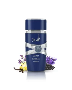 Blauwe parfumfles Lattafa Asad Zanzibar met zilveren details en bloemen eromheen.