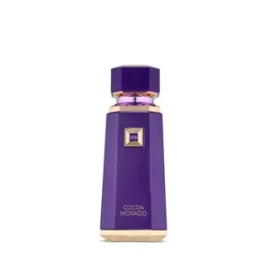 Luxe paarse parfumfles met gouden accenten en de naam Cocoa Morado