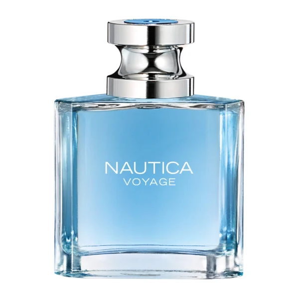 Fles Nautica Voyage Eau de Toilette met lichtblauwe inhoud en zilveren dop.