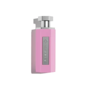 Roze parfumfles met zilveren dop en metalen plaat met opschrift "SUMMER"