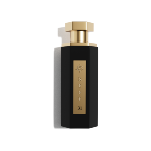 Luxe zwarte parfumfles met gouden details en het opschrift Reef 31