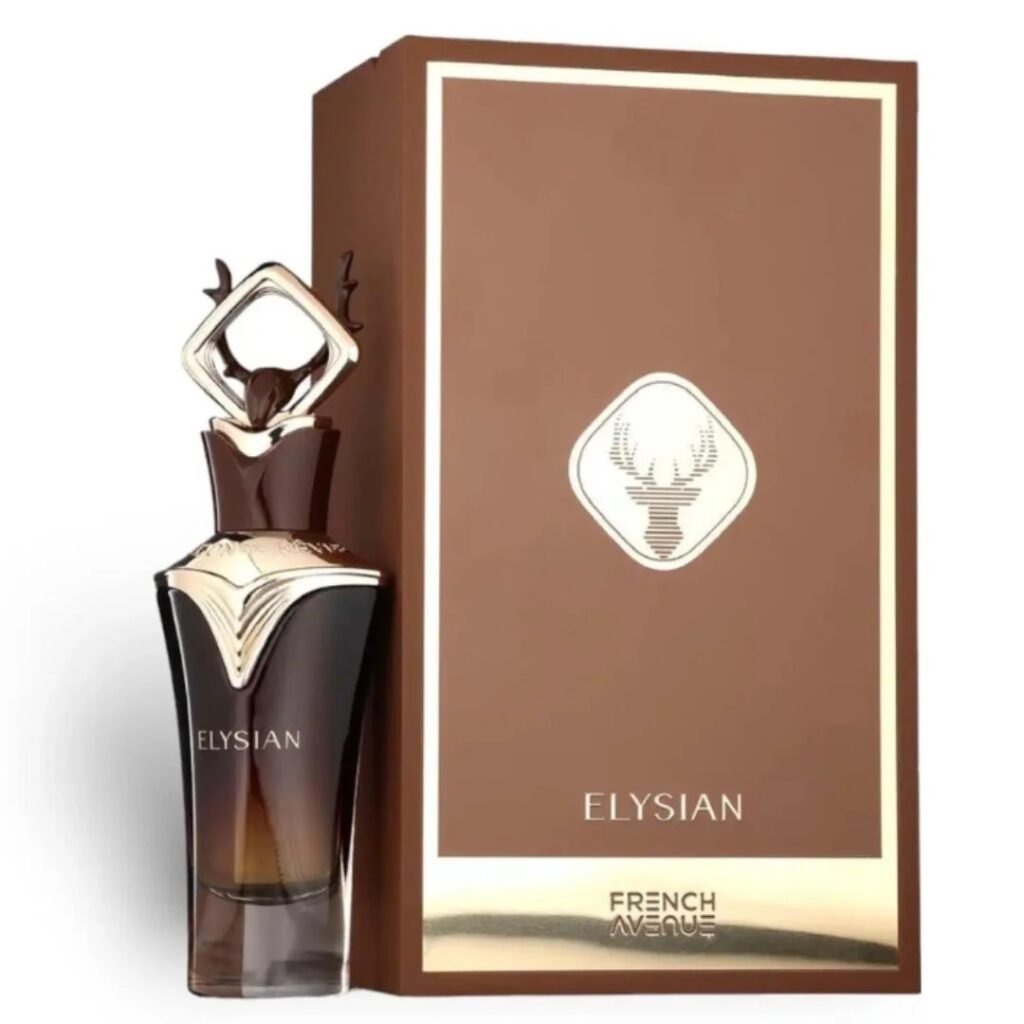 Luxe parfumfles en verpakking van Elysian by French Avenue in bruin en goud, met een elegant sculpturaal dopontwerp.