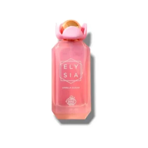 Roze parfumfles met bloemvormige dop en het label “Elysia Vanilla Sugar” op een witte achtergrond.