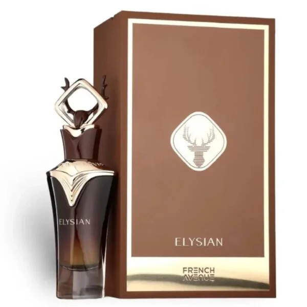 Elysian parfumfles met donkerbruin glas en decoratieve dop naast een bruine doos met hertlogo en de tekst Elysian.